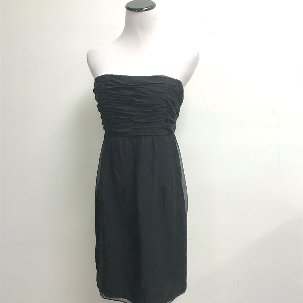 David Meister black strapless bustier top shirred silk party dress 4 New